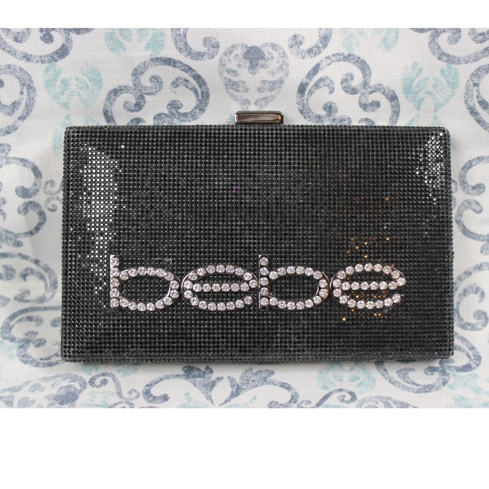 Bebe Zaza Clutch Black Rhinestone Crystal‎ Logo Evening Bag E22-4586 NEW